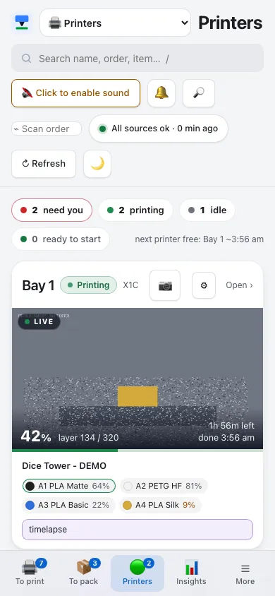 The same Printers page on a phone